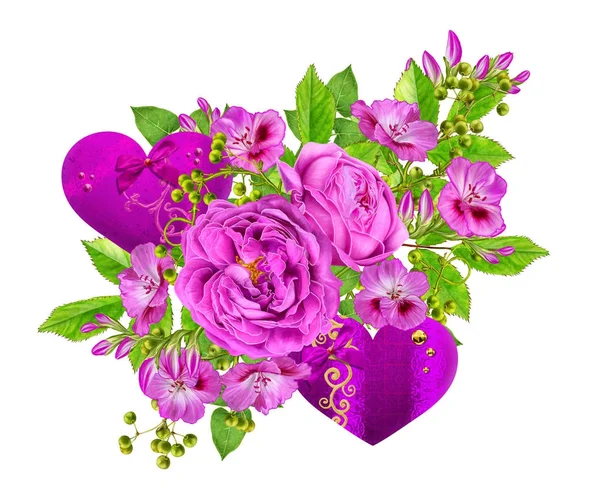 Composition Des Fleurs Bouquet Rose Vif Petites Roses Feuilles Vertes — Photo