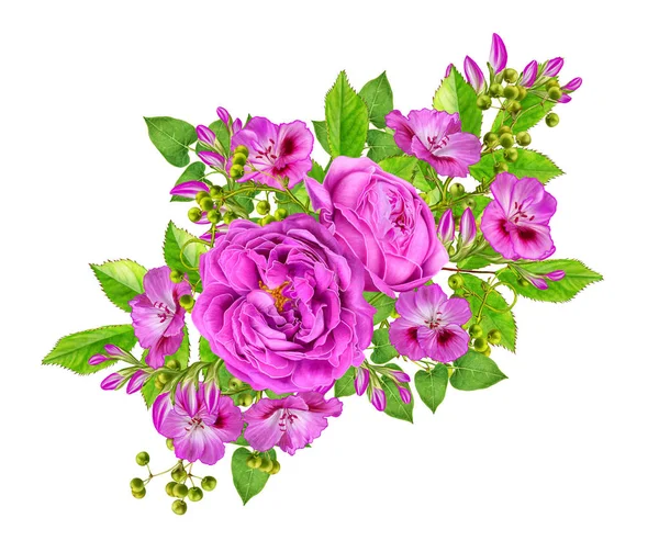 Květinové Kompozice Kytice Růží Světlé Růžové Malé Zelené Listy Pupeny — Stock fotografie