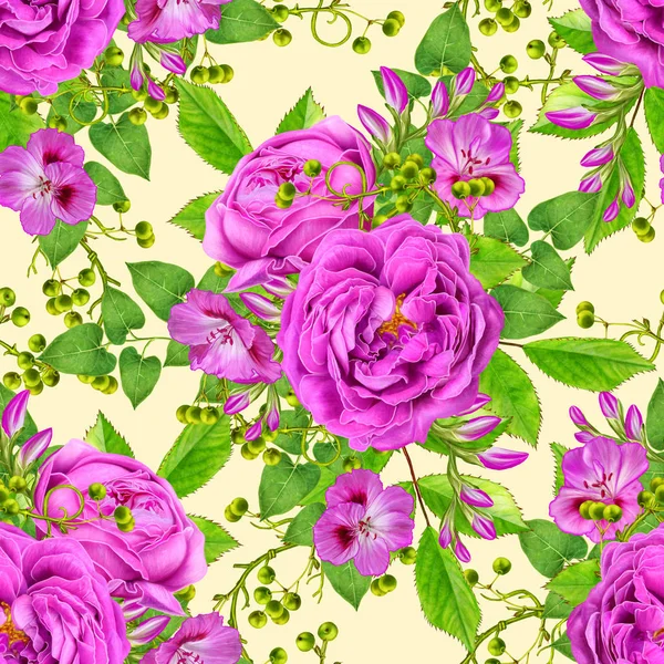 Floral Seamless Pattern Branch Beautiful Delicate Pink Roses Crimson Flowers — Stock Photo, Image