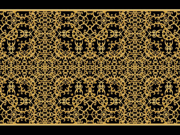 Seamless pattern. Golden textured curls. Oriental style arabesques. Brilliant lace, stylized flowers. Openwork weaving delicate, golden background.