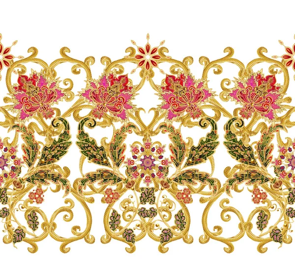 Padrão Sem Costura Cachos Texturizados Dourados Renda Brilhante Flores Estilizadas — Fotografia de Stock