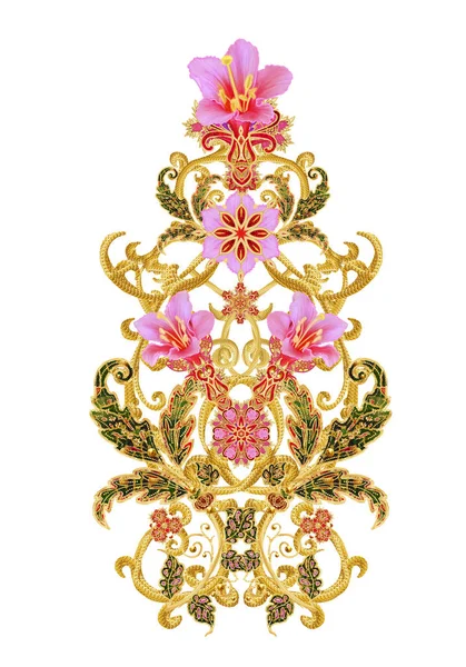 Stilize altın parlak çiçek desenli dekor unsurları, yüksek kaynaklanıyor. Beyaz arka plan üzerinde izole.