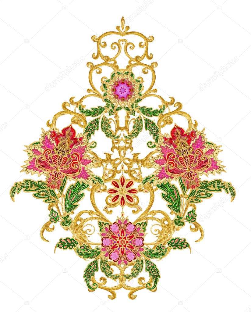 Stylized golden shiny flowers on high stems, elements of paisley decor. Isolated on white background.