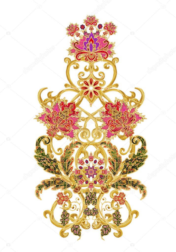 Stylized golden shiny flowers on high stems, elements of paisley decor. Isolated on white background.