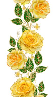 Seamless modeli. Altın dokulu bukleler. Parlak dantel, stilize çiçekler, parlak sarı gül gül. Narin, altın arka plan, Paisley dokuma Ajur.