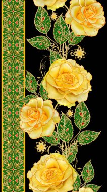 Seamless modeli. Altın dokulu bukleler. Parlak dantel, stilize çiçekler, parlak sarı gül gül. Narin, altın arka plan, Paisley dokuma Ajur.