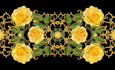 Seamless modeli. Altın dokulu bukleler. Parlak dantel, stilize çiçekler, parlak sarı gül gül. Narin, altın arka plan, Paisley dokuma Ajur.