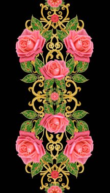 Seamless modeli. Altın dokulu bukleler. Parlak dantel, stilize çiçekler, parlak kırmızı gül gül. Narin, altın arka plan, Paisley dokuma Ajur.