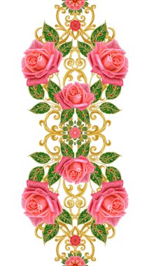 Seamless modeli. Altın dokulu bukleler. Parlak dantel, stilize çiçekler, parlak kırmızı gül gül. Narin, altın arka plan, Paisley dokuma Ajur.