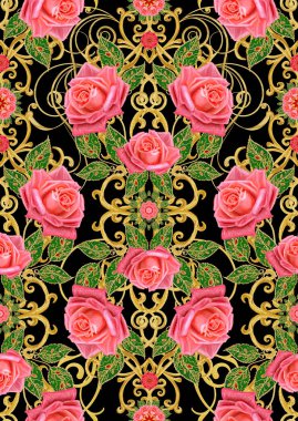 Seamless modeli. Altın dokulu bukleler. Parlak dantel, stilize çiçekler, parlak kırmızı gül gül. Narin, altın arka plan, Paisley dokuma Ajur.