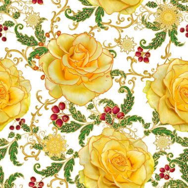 Seamless modeli. Altın dokulu bukleler. Parlak dantel, stilize çiçekler, Sarı gül. Narin, altın arka plan, Paisley dokuma Ajur.