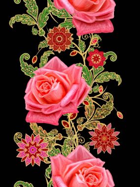 Seamless modeli. Altın dokulu bukleler. Parlak dantel, stilize çiçek, gül. Narin, altın arka plan, Paisley dokuma Ajur.