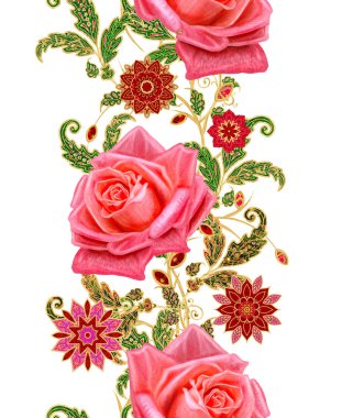 Seamless modeli. Altın dokulu bukleler. Parlak dantel, stilize çiçek, gül. Narin, altın arka plan, Paisley dokuma Ajur.