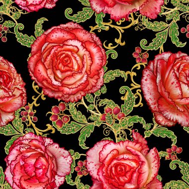 Seamless modeli. Altın dokulu bukleler. Parlak dantel, stilize çiçek, gül. Narin, altın arka plan, Paisley dokuma Ajur.