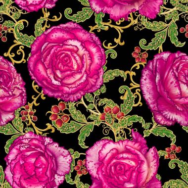 Seamless modeli. Altın dokulu bukleler. Parlak dantel, stilize çiçek, gül. Narin, altın arka plan, Paisley dokuma Ajur.