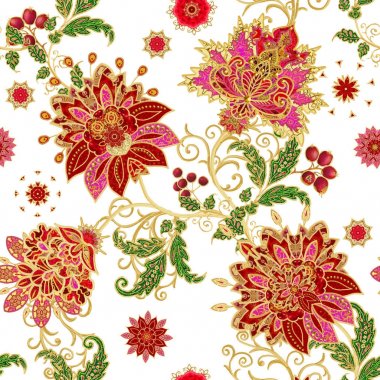 Seamless modeli. Altın dokulu bukleler. Parlak dantel, stilize çiçekler. Narin, altın arka plan, Paisley dokuma Ajur.