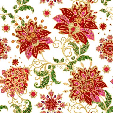 Seamless modeli. Altın dokulu bukleler. Parlak dantel, stilize çiçekler. Narin, altın arka plan, Paisley dokuma Ajur.