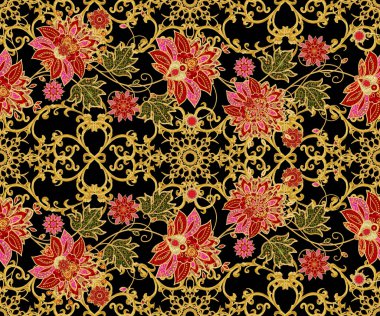 Seamless modeli. Altın dokulu bukleler. Parlak dantel, stilize çiçekler. Narin, altın arka plan, Paisley dokuma Ajur.