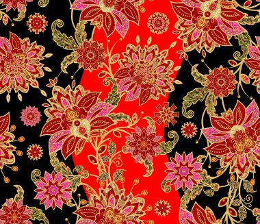 Seamless modeli. Altın dokulu bukleler. Parlak dantel, stilize çiçekler. Narin, altın arka plan, Paisley dokuma Ajur.