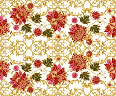 Seamless modeli. Altın dokulu bukleler. Parlak dantel, stilize çiçekler. Narin, altın arka plan, Paisley dokuma Ajur.