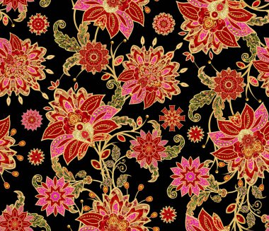 Seamless modeli. Altın dokulu bukleler. Parlak dantel, stilize çiçekler. Narin, altın arka plan, Paisley dokuma Ajur.