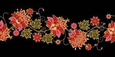 Seamless modeli. Altın dokulu bukleler. Parlak dantel, stilize çiçekler. Narin, altın arka plan, Paisley dokuma Ajur.