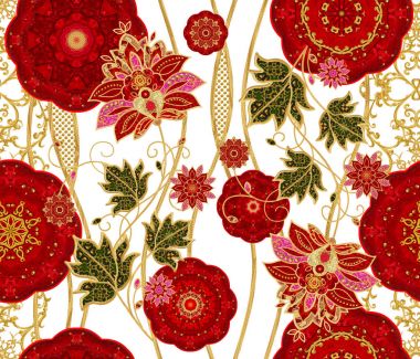 Seamless modeli. Kırmızı daireler, dokuma dantel, altın ile dekore edilmiş eğri çizgiler. Yüksek kaynaklanıyor, desenli dekor unsurları stilize altın parlak çiçekler. 