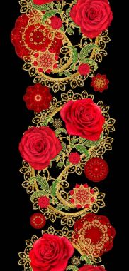 Seamless modeli. Kırmızı daireler altın dokuma, dantel, parlak Dekor elemanları ile dekore edilmiş, eğri çizgiler, stilize çiçekler. Narin, altın arka plan, Paisley dokuma Ajur.