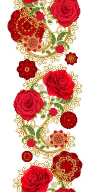 Seamless modeli. Kırmızı daireler altın dokuma, dantel, parlak Dekor elemanları ile dekore edilmiş, eğri çizgiler, stilize çiçekler. Narin, altın arka plan, Paisley dokuma Ajur.