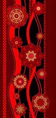 Seamless modeli. Kırmızı daireler altın dokuma, dantel, parlak Dekor elemanları ile dekore edilmiş, eğri çizgiler.