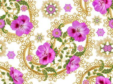 Seamless modeli. Altın dokulu bukleler. Parlak dantel, stilize çiçekler. Narin, altın arka plan, Paisley dokuma Ajur.