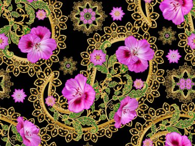 Seamless modeli. Altın dokulu bukleler. Parlak dantel, stilize çiçekler. Narin, altın arka plan, Paisley dokuma Ajur.