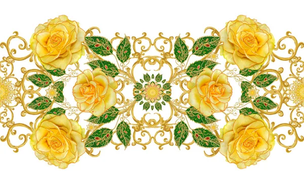 Nahtloses Muster Goldene Strukturierte Locken Brillante Spitze Stilisierte Blumen Leuchtend — Stockfoto