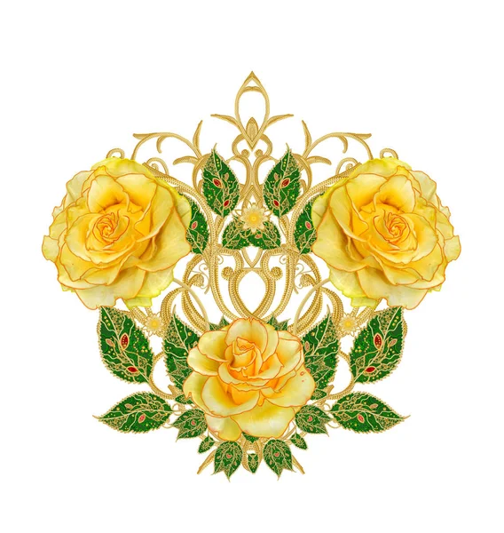 Stilize Altın Parlak Çiçek Desenli Dekor Buket Sarı Gül Unsurları — Stok fotoğraf