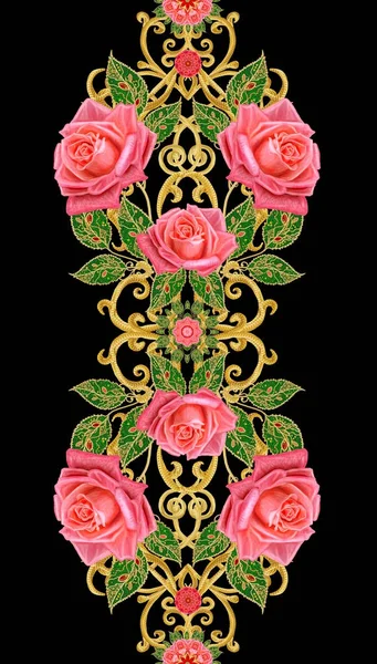 Seamless modeli. Altın dokulu bukleler. Parlak dantel, stilize çiçekler, parlak kırmızı gül gül. Narin, altın arka plan, Paisley dokuma Ajur.