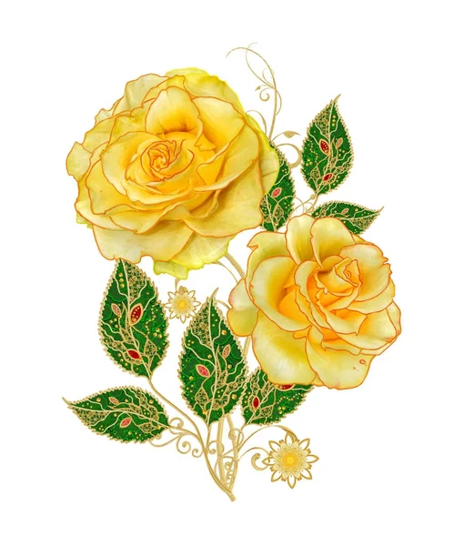 Stilize altın parlak çiçek desenli dekor, buket Sarı Gül unsurları, yüksek kaynaklanıyor. Beyaz arka plan üzerinde izole.