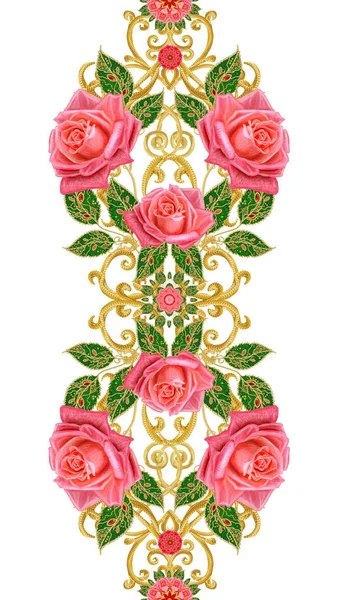 Seamless modeli. Altın dokulu bukleler. Parlak dantel, stilize çiçekler, parlak kırmızı gül gül. Narin, altın arka plan, Paisley dokuma Ajur.