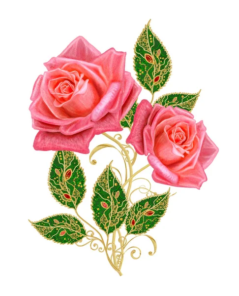 在高茎上有风格化的金色闪亮花朵 佩斯利装饰的元素 鲜艳的红玫瑰花束 在白色背景上隔离 — 图库照片