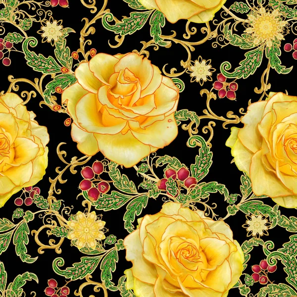 Бесшовный Шаблон Золотистые Кудри Блестящие Кружева Стилизованные Цветы Желтая Роза — стоковое фото