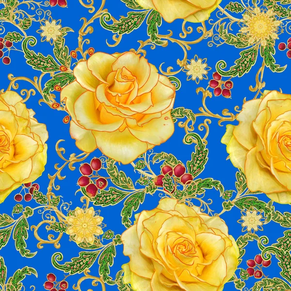 Patrón Sin Costuras Rizos Dorados Texturizados Brillante Encaje Flores Estilizadas — Foto de Stock