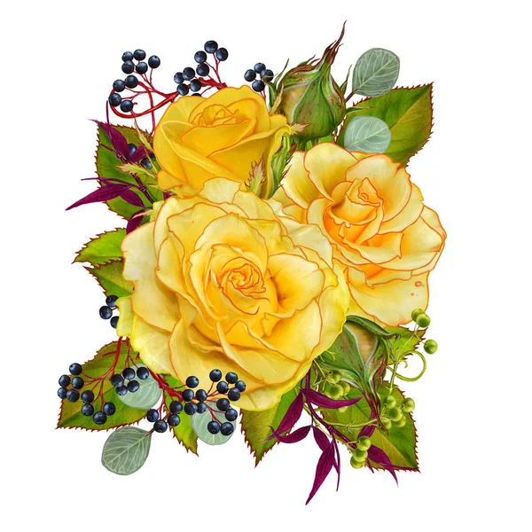 Çiçek arka plan. Garland çiçek, Sarı Gül, çilek ve bırakır. Tebrik kartı, davetiye, kartvizit.