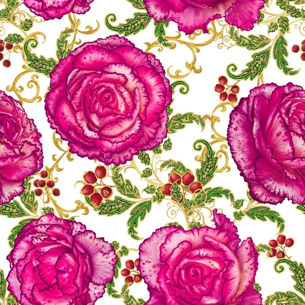 Patrón Sin Costuras Rizos Dorados Texturizados Brillante Encaje Flores Estilizadas —  Fotos de Stock