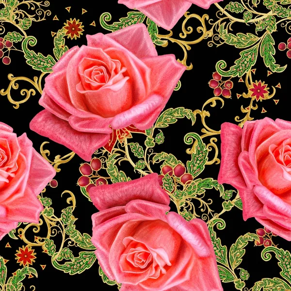 Бесшовный Шаблон Золотистые Кудри Блестящие Кружева Стилизованные Цветы Роза Открытые — стоковое фото