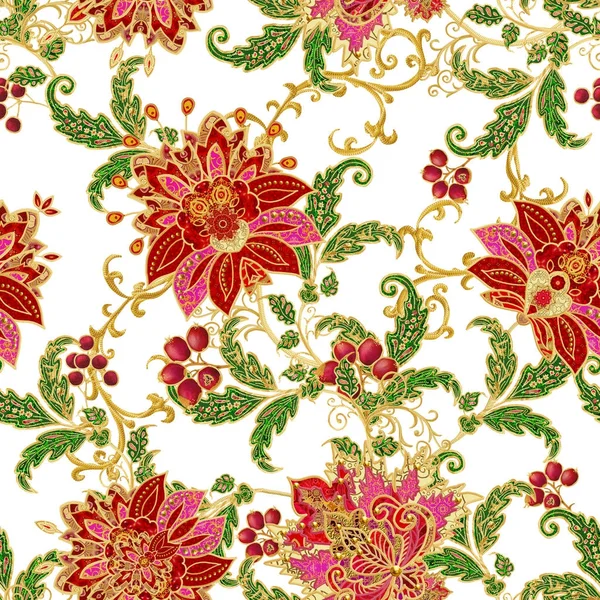 Seamless modeli. Altın dokulu bukleler. Parlak dantel, stilize çiçekler. Narin, altın arka plan, Paisley dokuma Ajur.