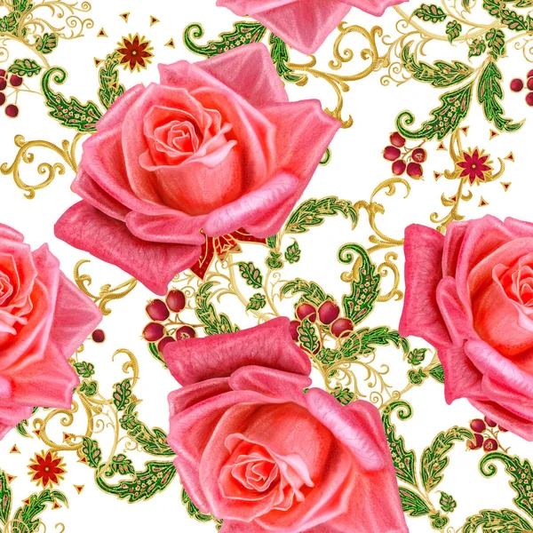 Seamless modeli. Altın dokulu bukleler. Parlak dantel, stilize çiçek, gül. Narin, altın arka plan, Paisley dokuma Ajur.