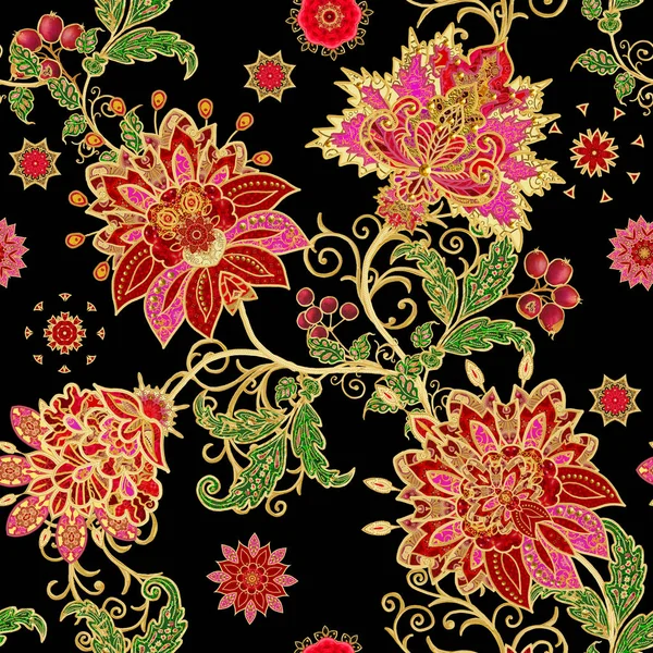 Seamless modeli. Altın dokulu bukleler. Parlak dantel, stilize çiçekler. Narin, altın arka plan, Paisley dokuma Ajur.