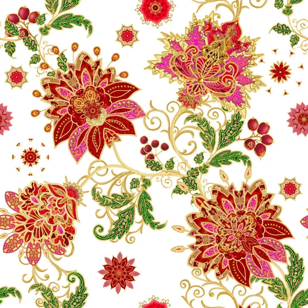 Seamless modeli. Altın dokulu bukleler. Parlak dantel, stilize çiçekler. Narin, altın arka plan, Paisley dokuma Ajur.