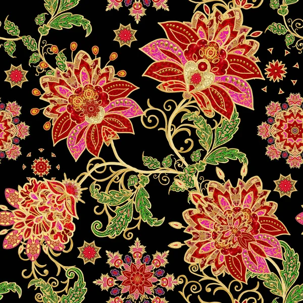 Patrón Sin Costuras Rizos Dorados Texturizados Encaje Brillante Flores Estilizadas —  Fotos de Stock