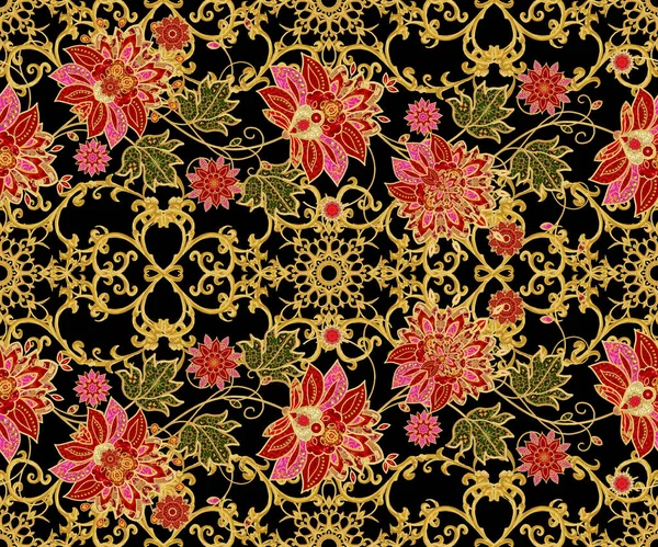 Seamless modeli. Altın dokulu bukleler. Parlak dantel, stilize çiçekler. Narin, altın arka plan, Paisley dokuma Ajur.