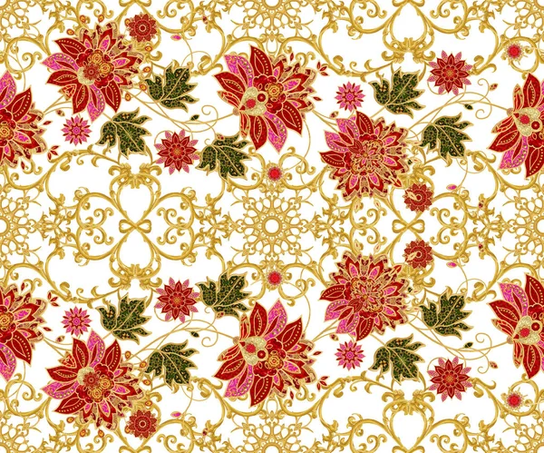 Seamless modeli. Altın dokulu bukleler. Parlak dantel, stilize çiçekler. Narin, altın arka plan, Paisley dokuma Ajur.
